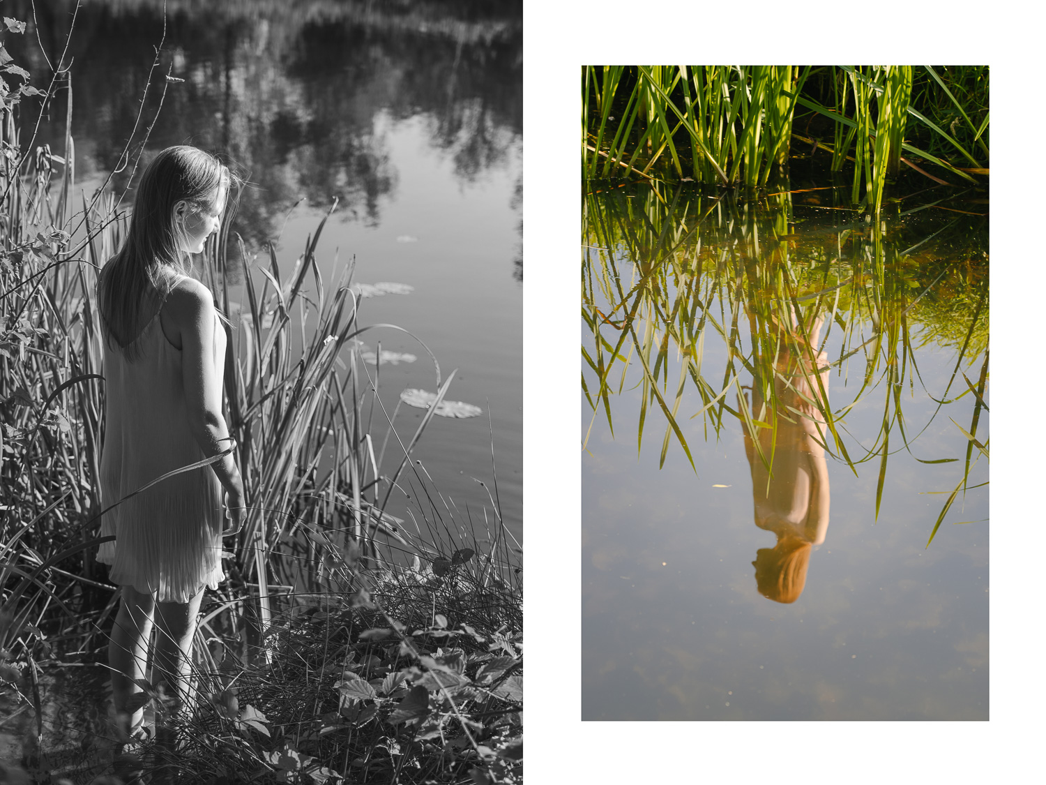 Fotoshoot op locatie, meisje kijkt naar haar eigen reflectie in het water ©Gitta Polak